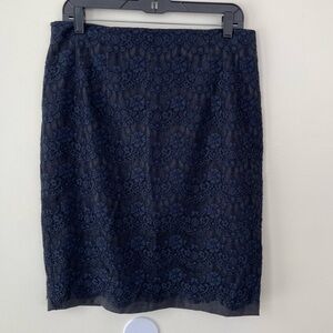 Les Copains Navy Blue Eyelash Lace Over Virgin Wool Pencil Skirt IT 50